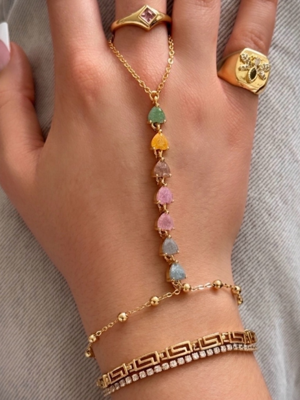 3/$40! 14K Gold Plated Rainbow Crystal Heart Hand Chain Rhodium Slave Bracelet